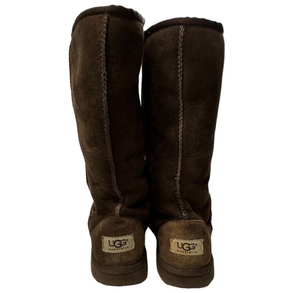 UGG Classic Tall Boot Youth 4 Dark Brown Suede Sheepskin Shearling Lined PullOn - Picture 5 of 16
